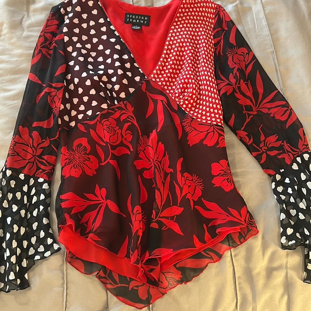 Size small blouse, multi pattern hearts and flowers, silk and lined